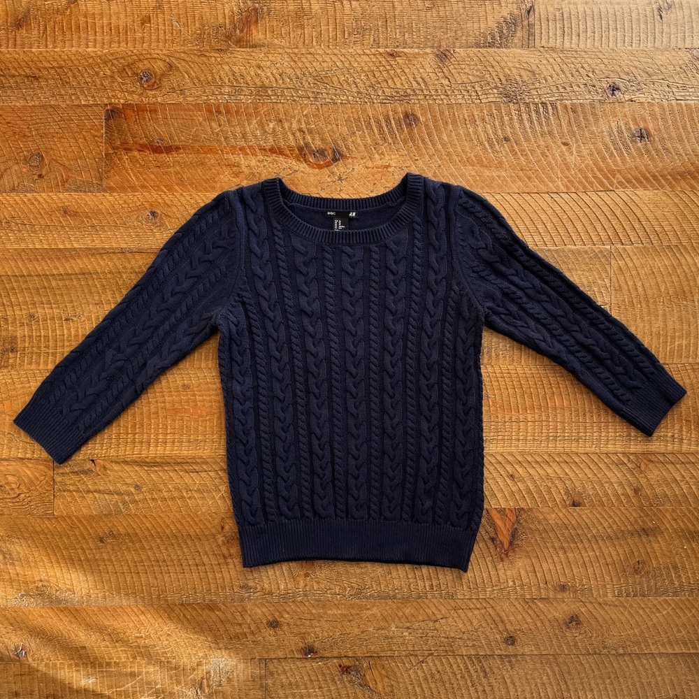 Navy Blue Cable Knit Sweater - 3/4 Sleeves